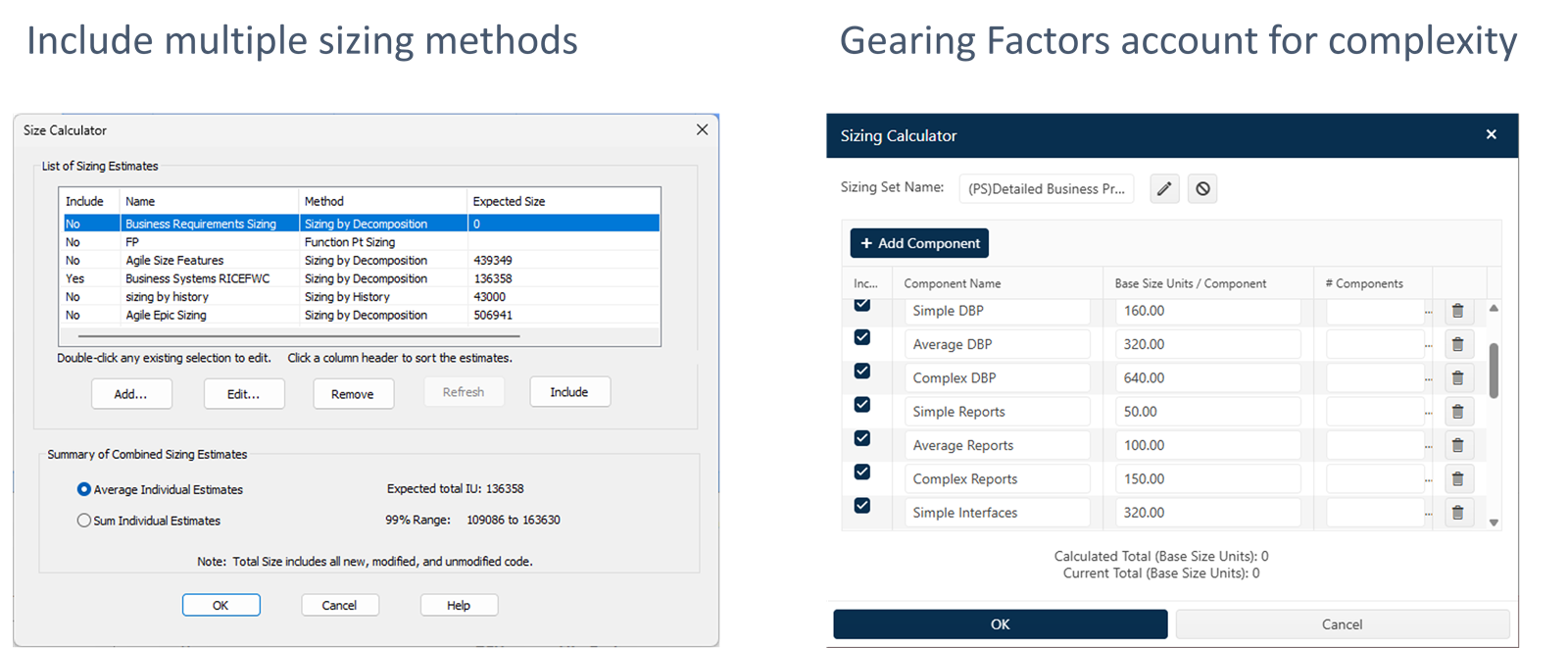 Software size calculator showing multiple methods and gearing factors.