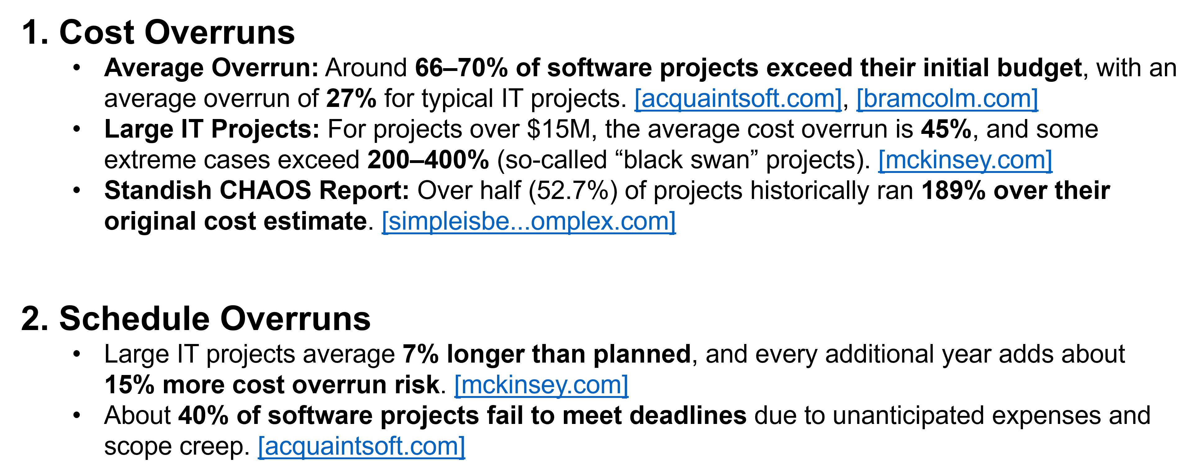 table of software project cost & schedule overrun statistics