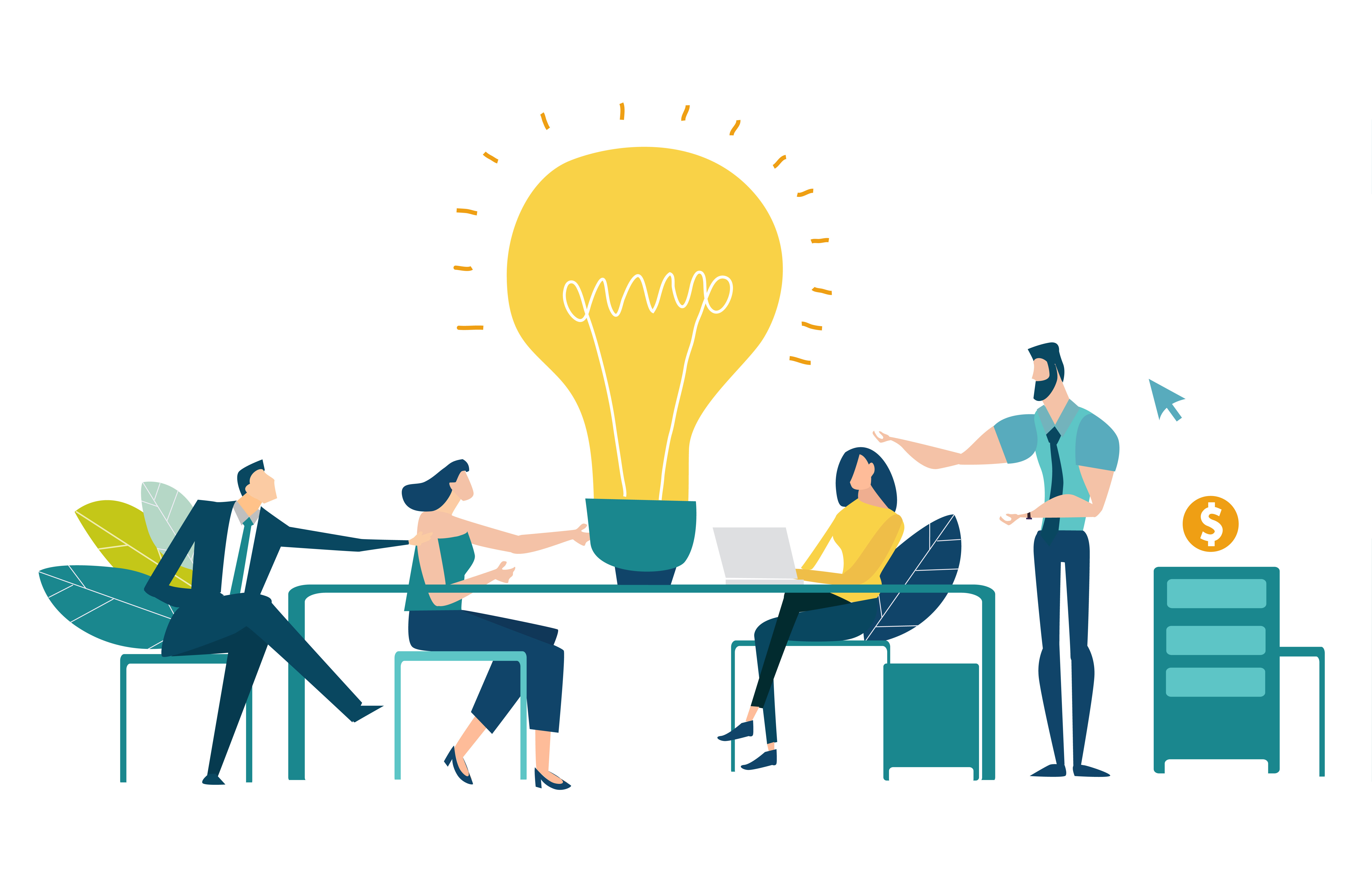 Cartoon of business folks meeting at a table with a large lightbulb on top.