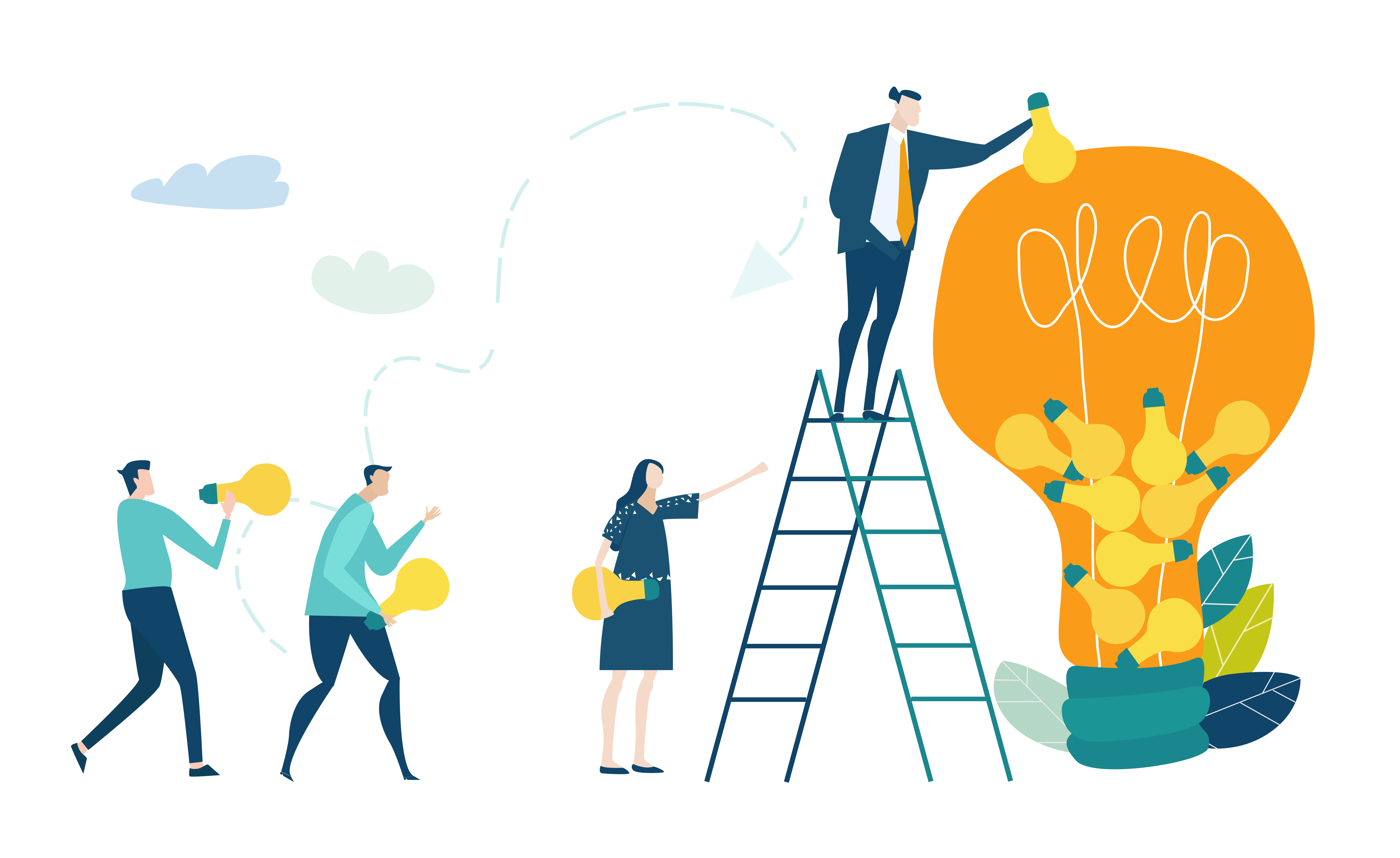 Cartoon of team leader on ladder filling huge lightbulb with smaller lightbulbs with teams' help.