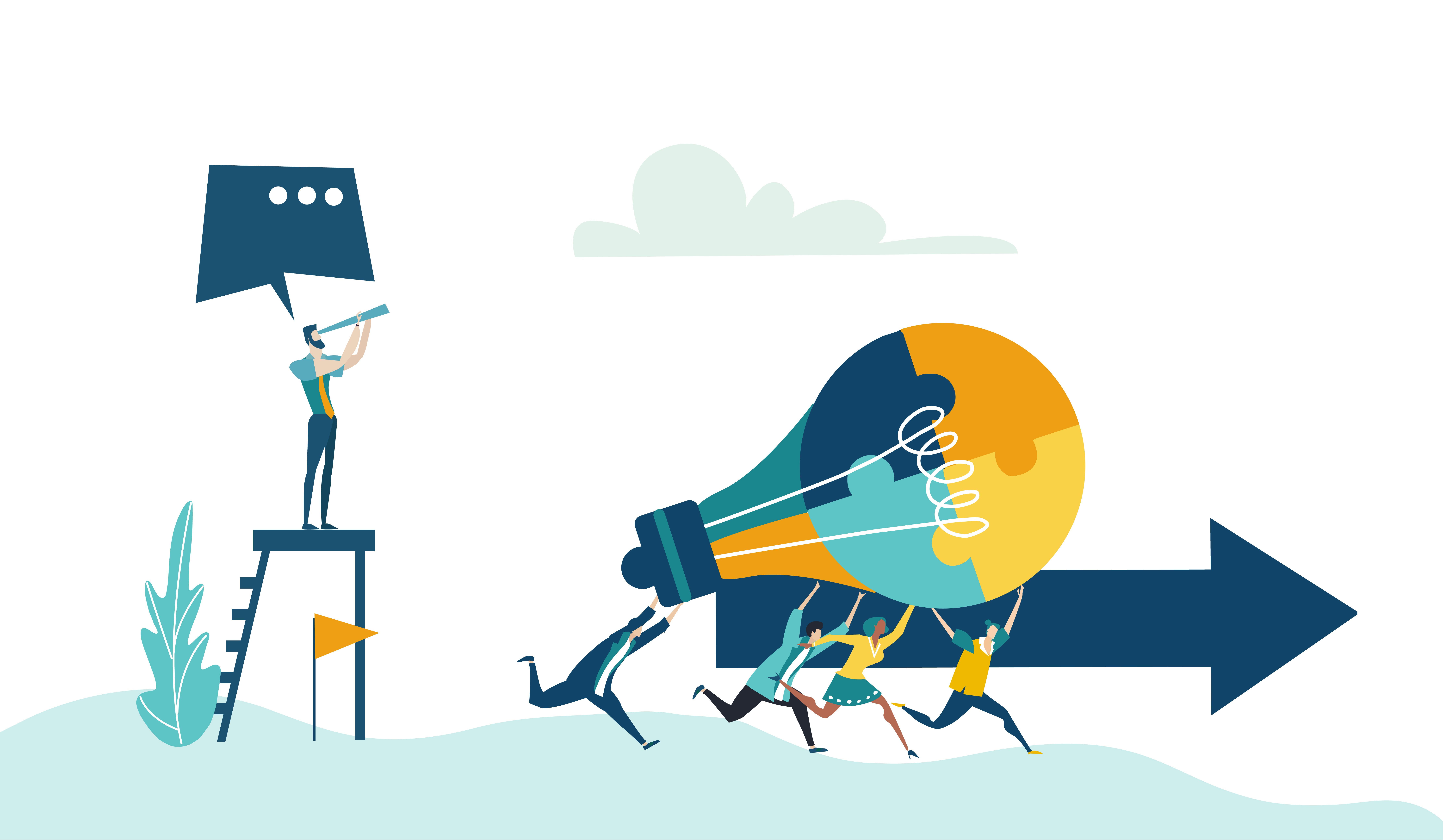 Business leader on a platform with a scope with team in front carrying a lightbulb puzzle with large arrow pointing the way.