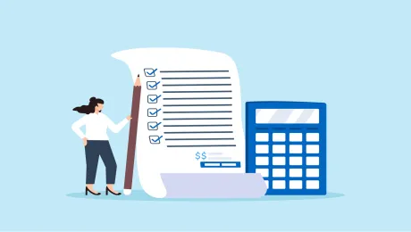 A businesswoman standing next to a document and calculator