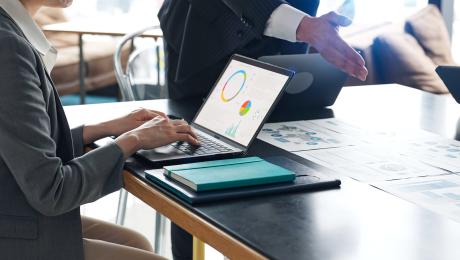 Woman looking at data charts on a laptop computer