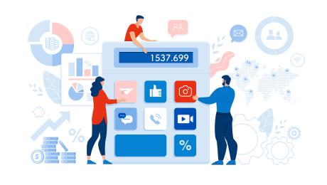 Animated drawing of 3 people holding a huge calculator.
