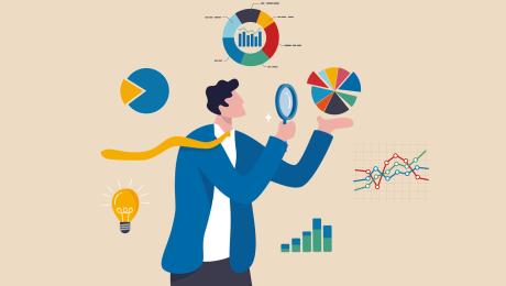 Cartoon business examining charts with a magnifying class.