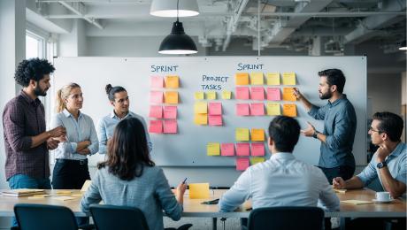 Agile software development team conducting sprint planning.