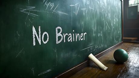Classroom chalkboard with "No Brainer" written in large letters.