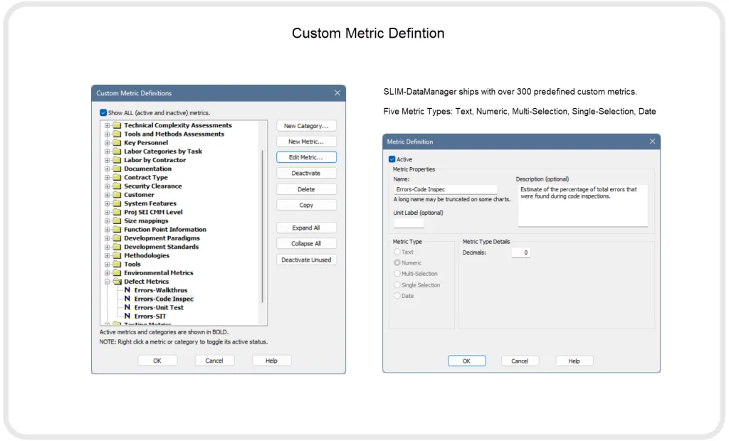screen to define and organize multiple software project custom metrics