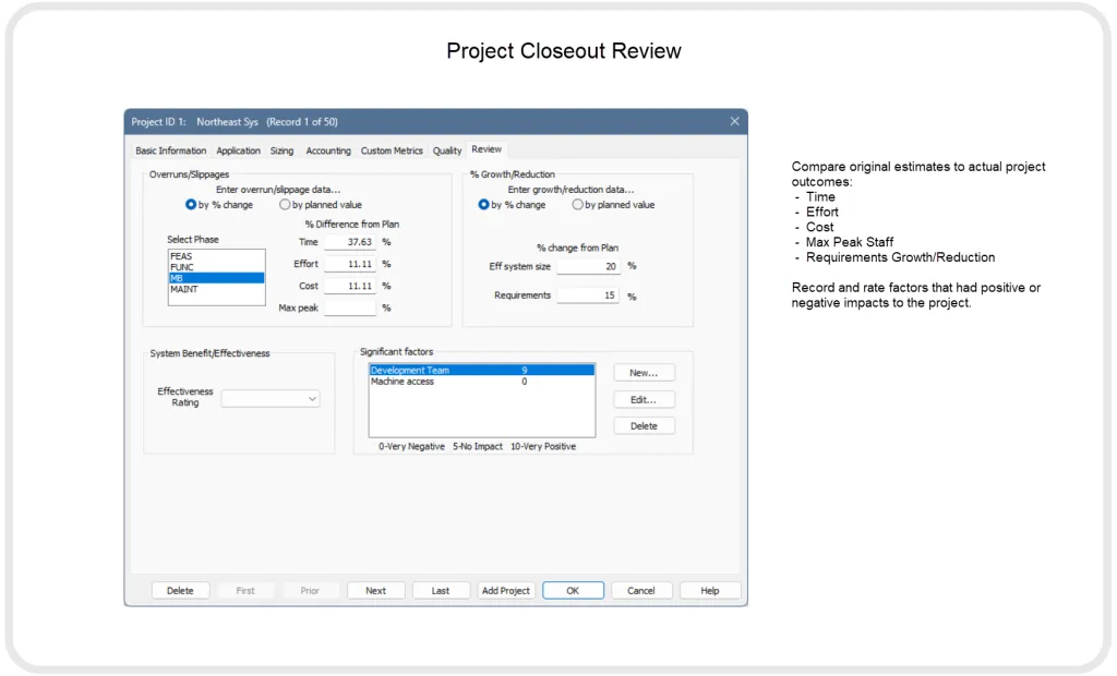 Screen to enter time, effort, cost, and staff overruns compared to plan plus reductions or growth of requirements