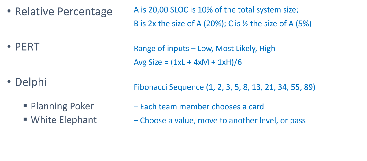 Example equations for Relative Percentage, PERT (Program Evaluation and Review Technique), and Delphi software estimation methods. and 